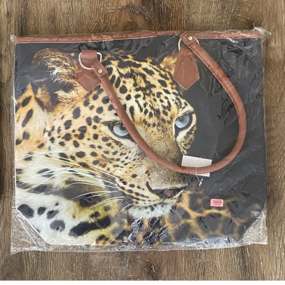 Animal Print Tote Bag with Brown Accents